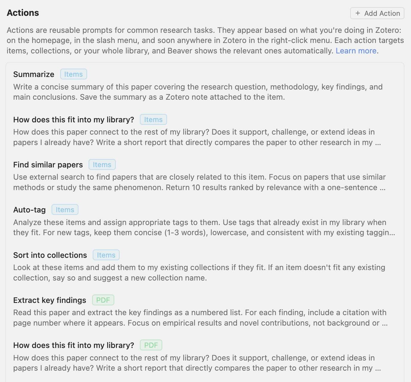 Actions settings in Beaver preferences